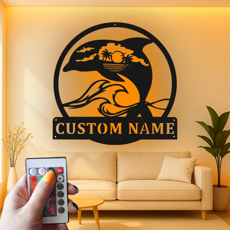 Cartel de metal LED personalizado de delfín al atardecer, regalo para amantes de la playa, decoración temática oceánica para el salón