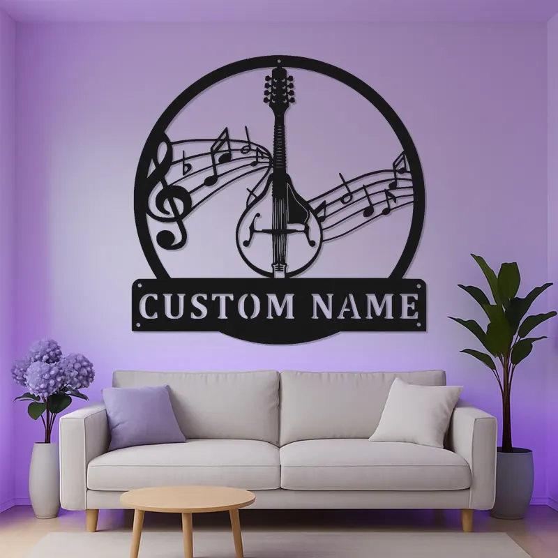 Décoration murale en métal personnalisée pour mandoline | Panneau de nom de musicien sur mesure | Décor de salle de musique LED pour studio