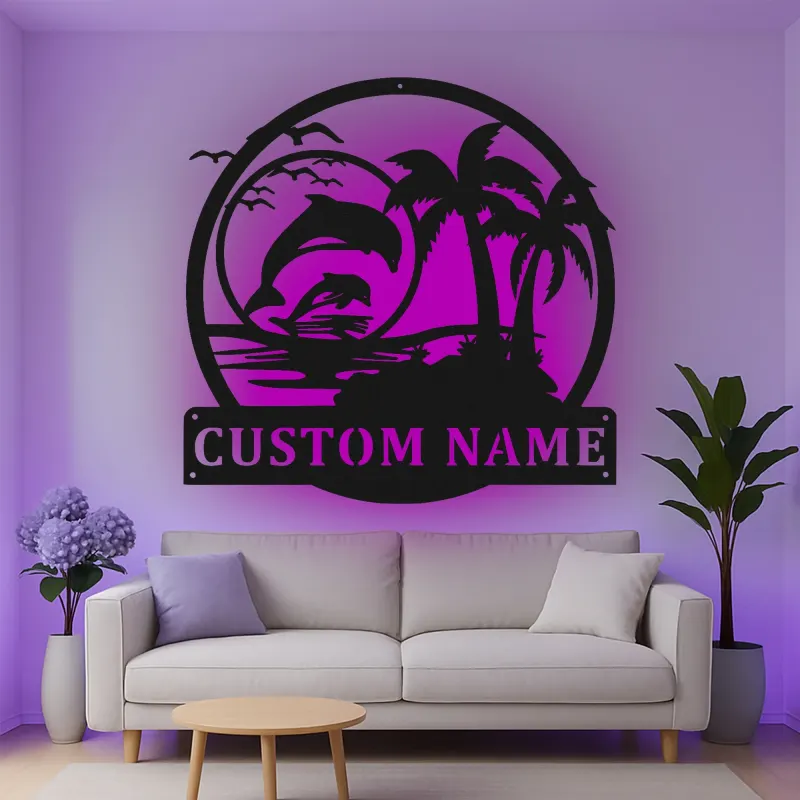 Personalisierte Delfin- und Palmen LED-Metall-Wandkunst – Geschenk für Strandliebhaber, tropische Deko fürs Wohnzimmer