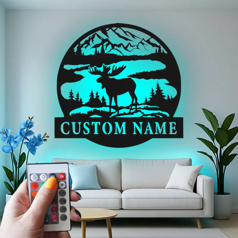 Custom Moose Mountain Scene Led Light Metal Wall Art Personalized Nature Lover Gift Cabin Decor
