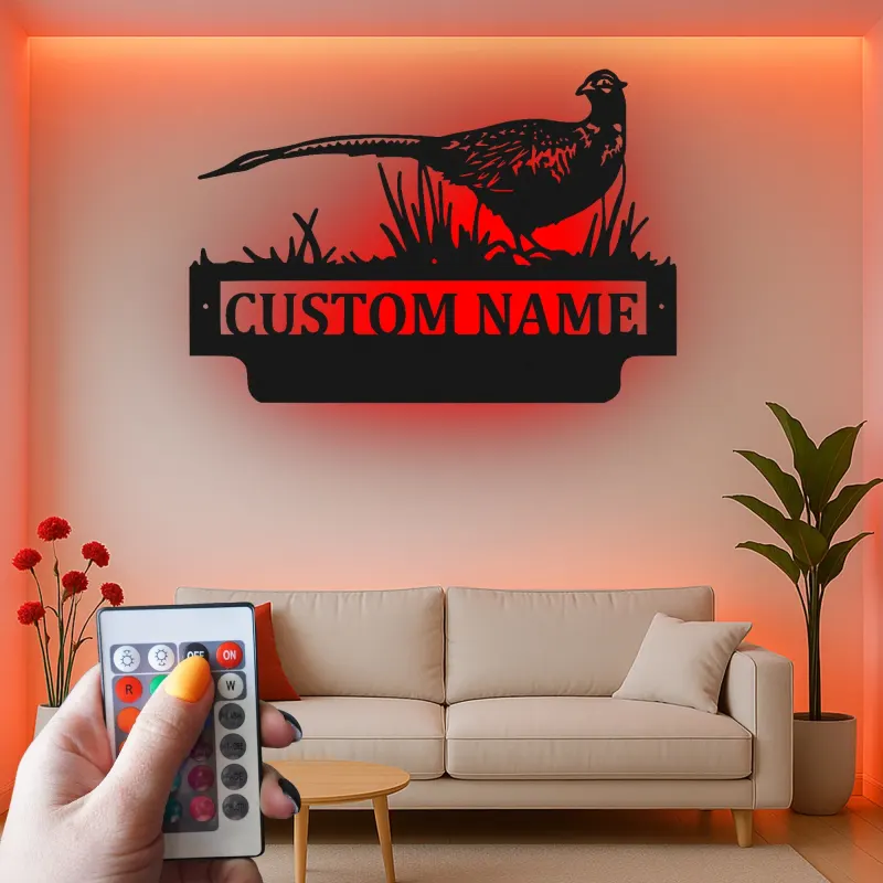 Arte in Metallo Pheasant con LED | Regalo Personalizzato per Cacciatori | Insegna con Nome Personalizzato per Cabin e Lodge | Silhouette di Uccello Anatra