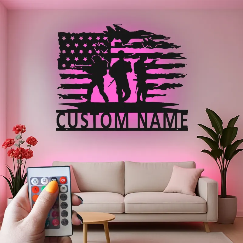 Custom Soldier Flag Metal Sign | Patriotic LED Wall Art | Personalized Military Decor for Veteran Man Cave