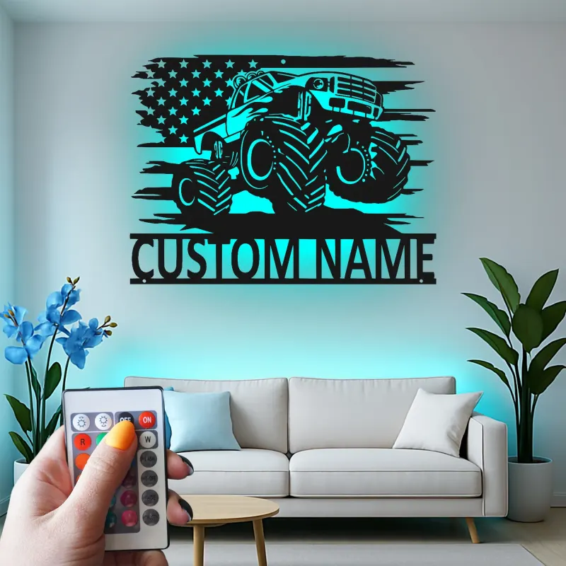 Personalisierte Monstertruck LED-Schild | Metall-Wandkunst mit amerikanischer Flagge | Maßgeschneiderte Garagen-Dekoration für das Kinderzimmer