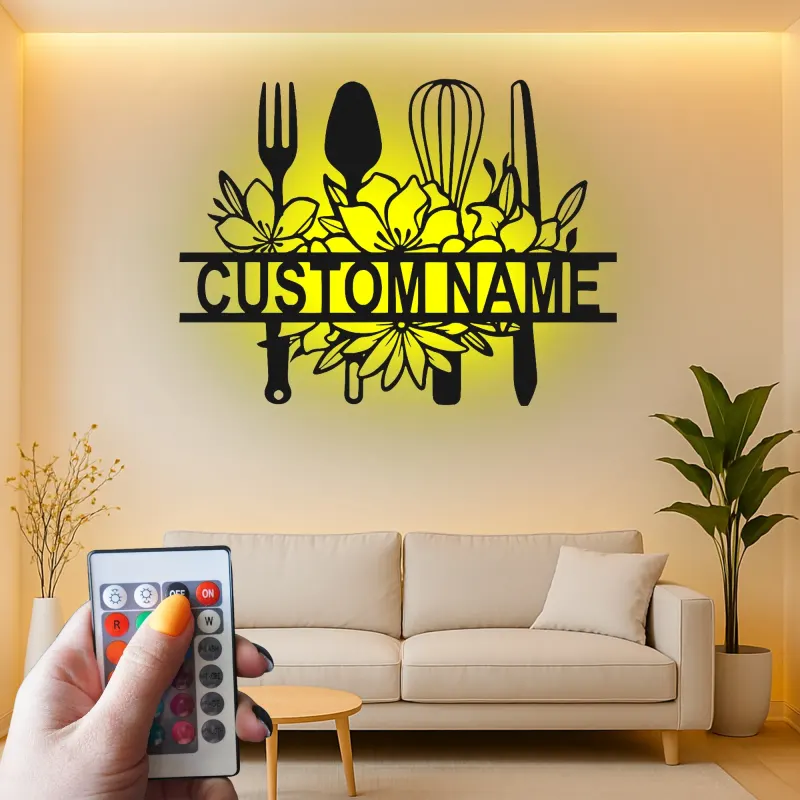 Cartel de cocina personalizado con LED | Arte mural de utensilios de metal floral personalizado | Regalo de decoración de chef para mamá | Decoración de cocina moderna de granja
