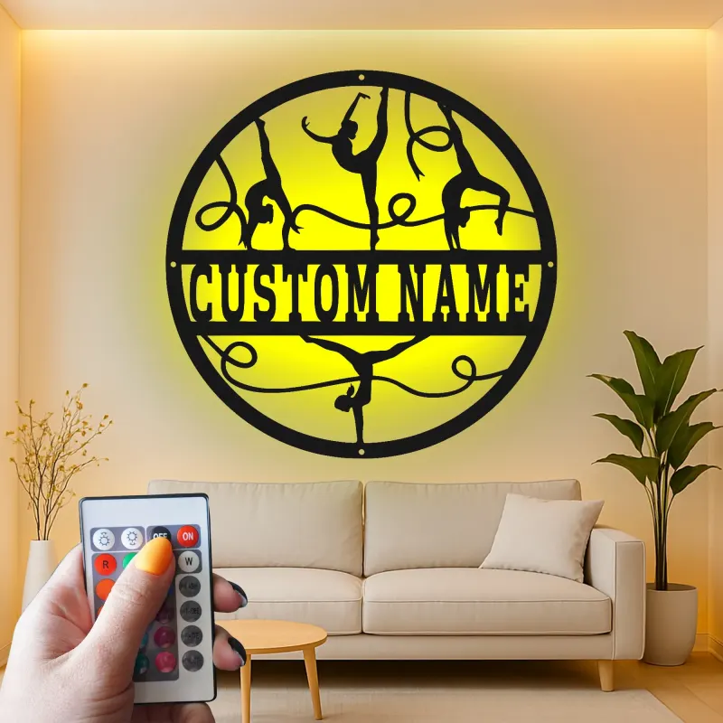Insegna nome ginnasta personalizzata | Arte murale in metallo con LED | Arredo palestra su misura per cameretta | Idea regalo per atleta
