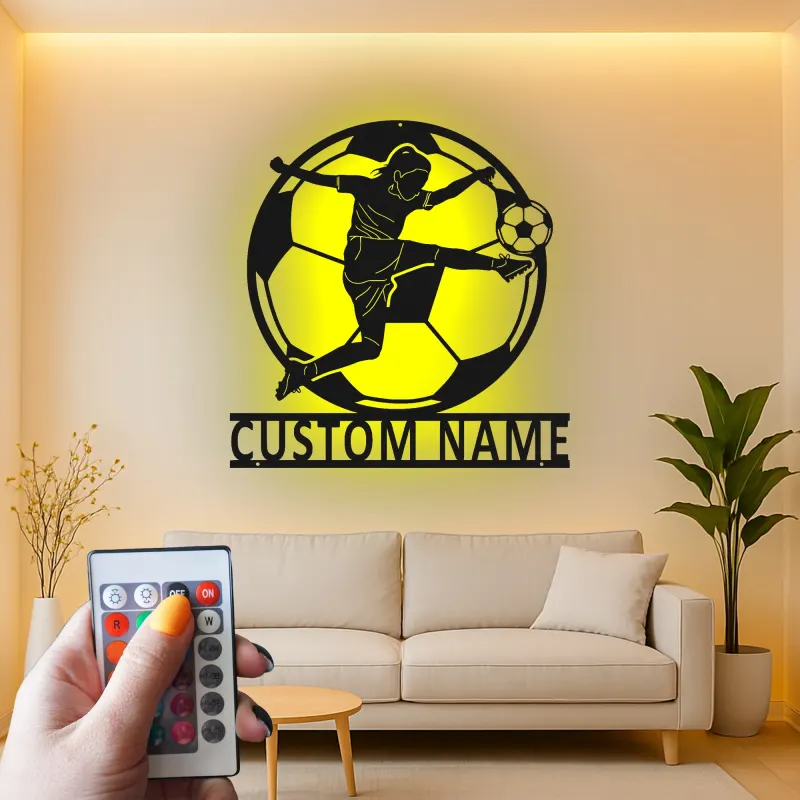 Arte mural de metal de jugadora de fútbol femenina | Cartel de luz LED personalizado | Regalo de nombre personalizado para decoración de habitación de atleta | Premio de equipo de fútbol femenino
