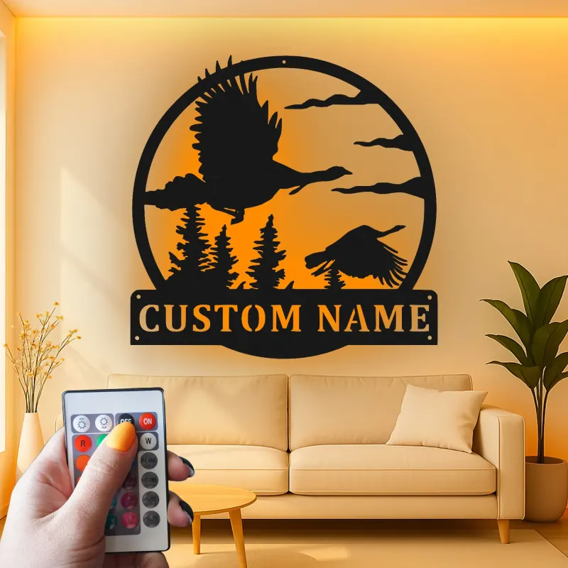 Insegna LED in metallo per caccia alle anatre personalizzata | Regalo per cacciatore personalizzato | Decor rustico per parete di baita | Arte per man cave