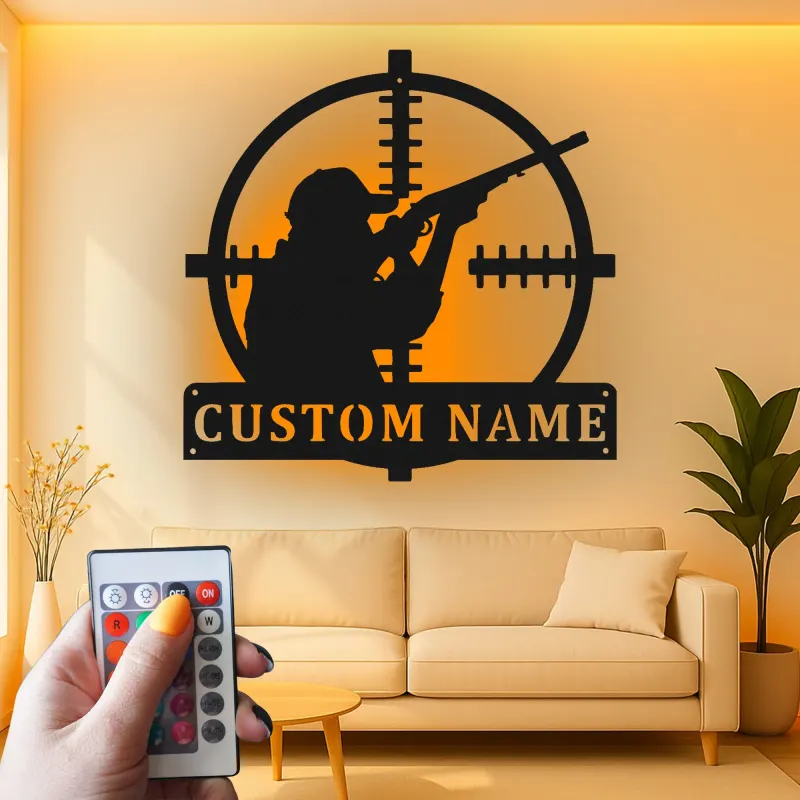 LED-Metallkunst mit Jägersilhouette | Personalisierte Schild für Zielfernrohre im Ferienhaus | Individuelles Geschenk für Jäger