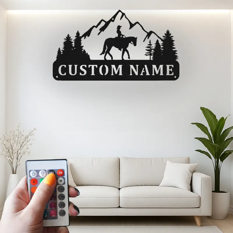 Art en métal personnalisé de cavalier de cheval | Panneau LED équestre personnalisé | Décor mural de ranch et de cabane pour cadeau