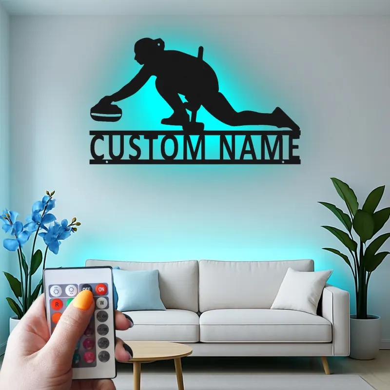 Personalisierte LED-Metall-Wandkunst mit Curling-Spieler – Sportgeschenk für Curling-Fans, Deko fürs Spielzimmer