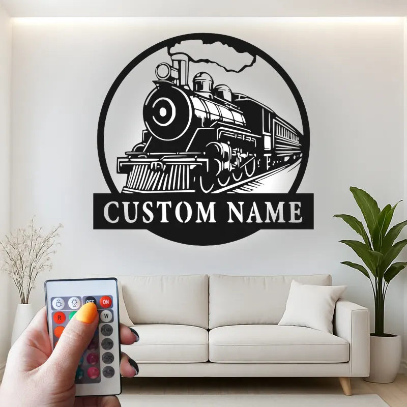 Décoration murale en métal personnalisée de train à vapeur avec rétroéclairage LED - Cadeau pour passionnés de trains, décoration pour man cave ou bureau