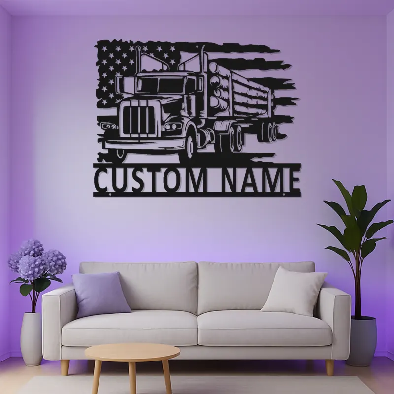 Décoration métal camion de grumes personnalisée | Plaque prénom camionneur avec LED | Décor man cave drapeau américain | Cadeau patriotique