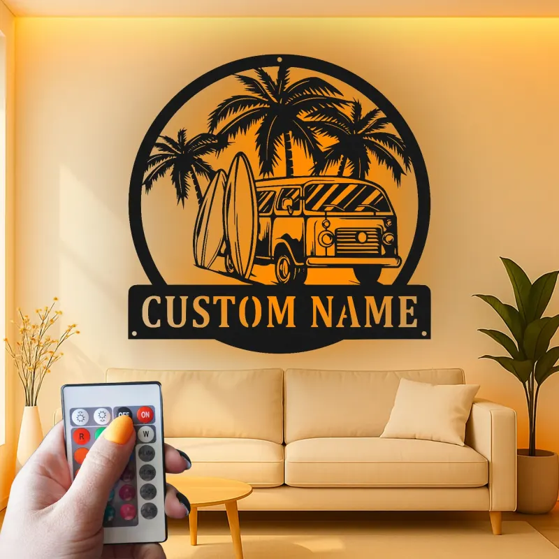 Custom Surf Van Led Light Metal Wall Art Personalized Beach Lover Gift Coastal Decor for Surf Enthusiasts