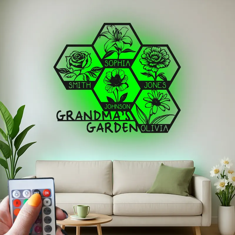 Grandma's Garden Custom Sign | Personalized LED Metal Wall Art | Floral Family Name Decor | Gift for Grandma