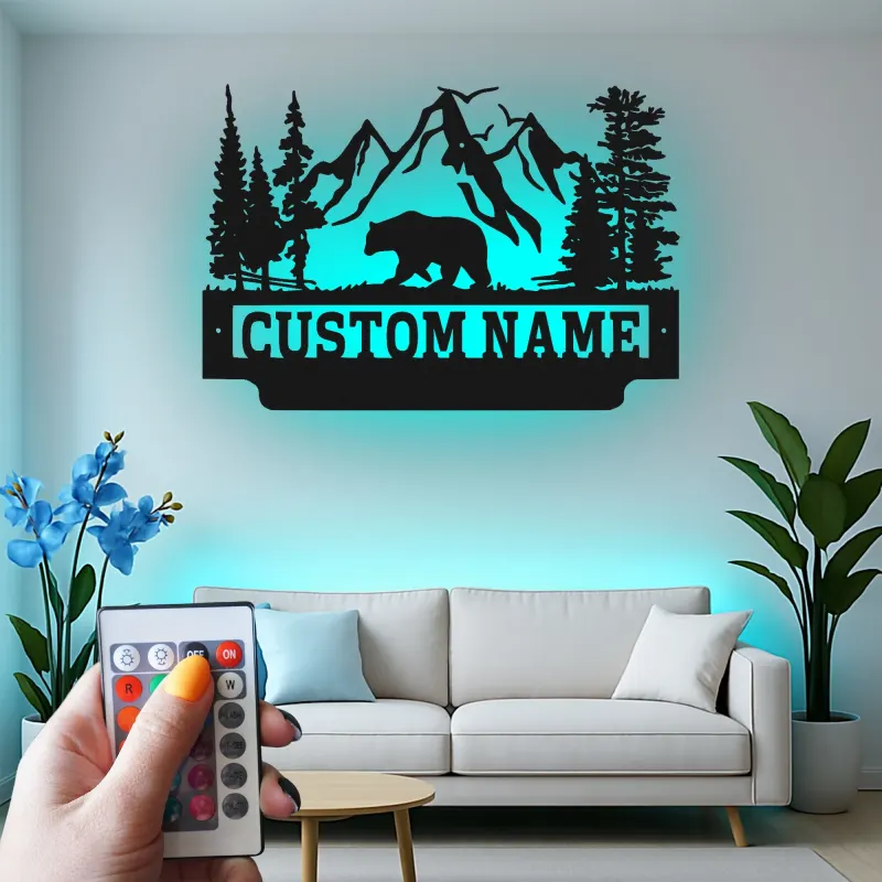 Cartel de metal LED de oso de montaña personalizado, regalo para amantes de la naturaleza, decoración de cabaña o refugio