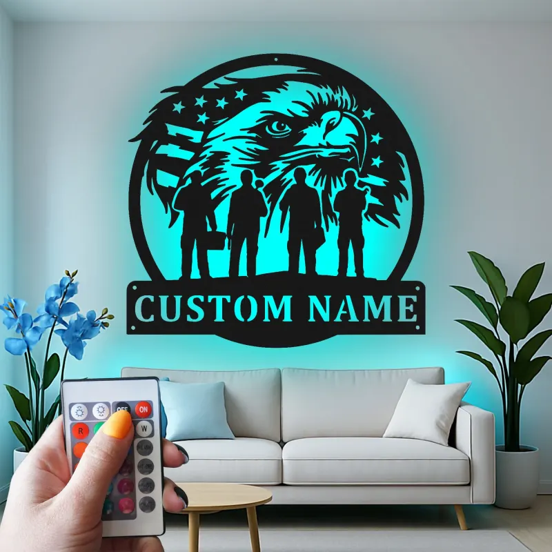 Custom Eagle & Soldier Metal Sign | Personalized LED Military Tribute | Veteran Wall Art for Home & Office