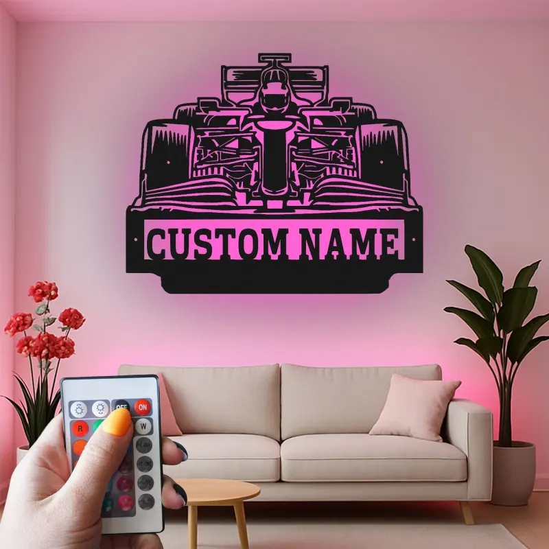 Arte murale in metallo per auto F1 personalizzata con luce LED | Regalo personalizzato per appassionati di motorsport | Arredo garage e man cave