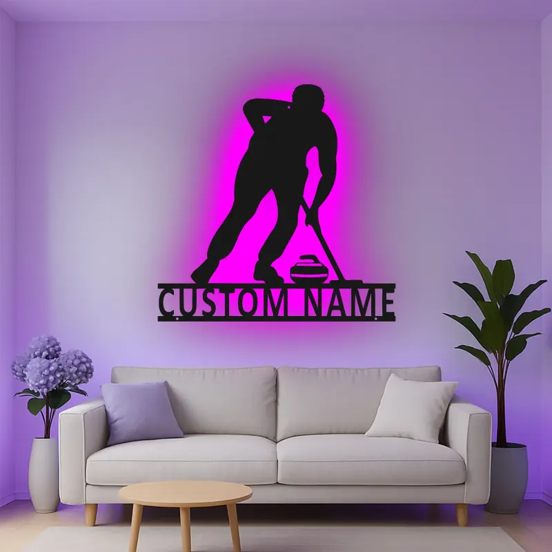 Insegna in metallo personalizzata con luce LED a tema giocatore di curling regalo sportivo per curlers decorazione per sala giochi