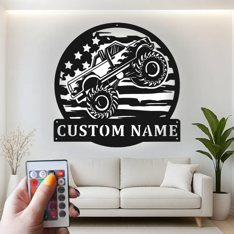 Panneau LED Personnalisé Monster Truck | Décoration Murale en Métal pour Garage ou Chambre de Garçon | Cadeau Décor Off-Road pour Lui