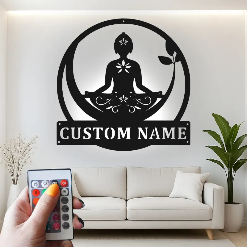 Custom Yoga Meditation Led Light Metal Wall Art Zen Gift for Yoga Lovers Peaceful Home Decor