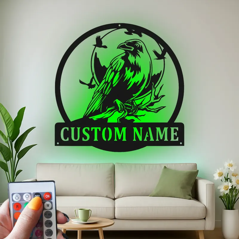 Cartel de metal LED con cuervo personalizado, regalo para amantes de las aves, decoración única para sala de estar