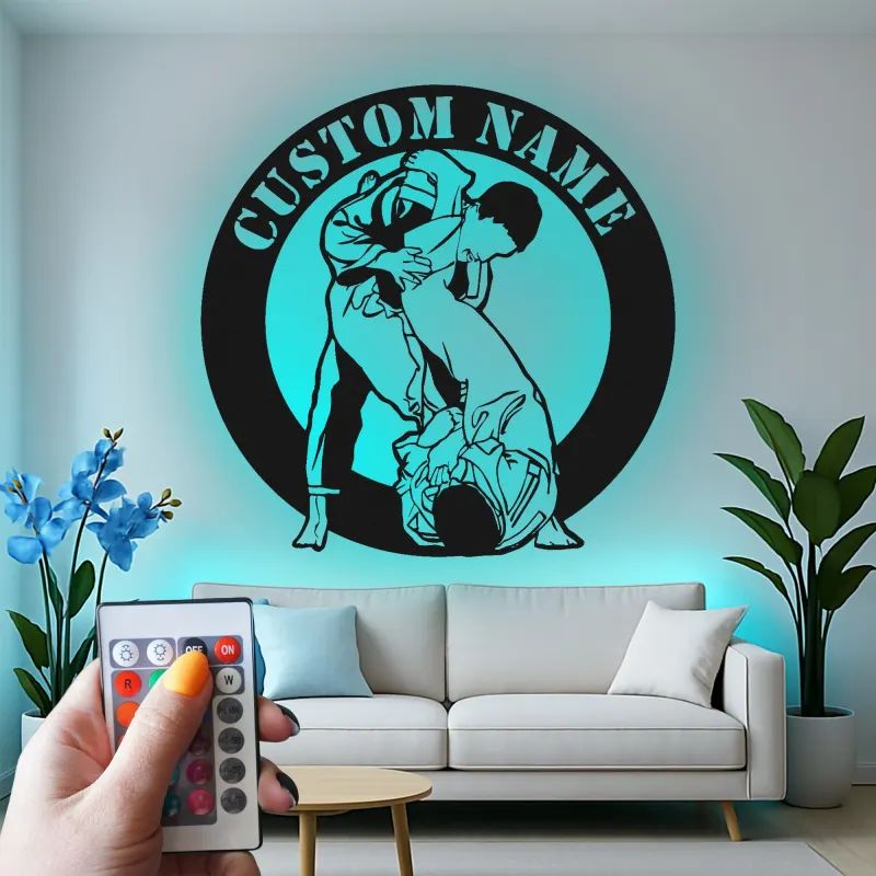 Décoration murale en métal personnalisée avec éclairage LED Jiu Jitsu Grapplers - Cadeau pour passionnés d'arts martiaux - Décor pour gym ou dojo