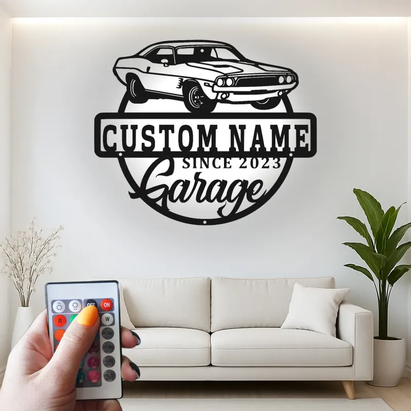 Insegna in metallo LED personalizzata per garage con auto muscolare regalo per appassionati di auto decorazione man cave 12
