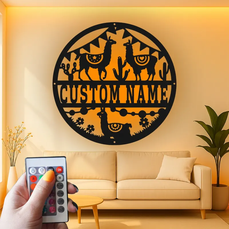 Custom Llama Desert Scene Led Light Metal Wall Art Personalized Gift for Llama Lovers Living Room or Nursery Decor