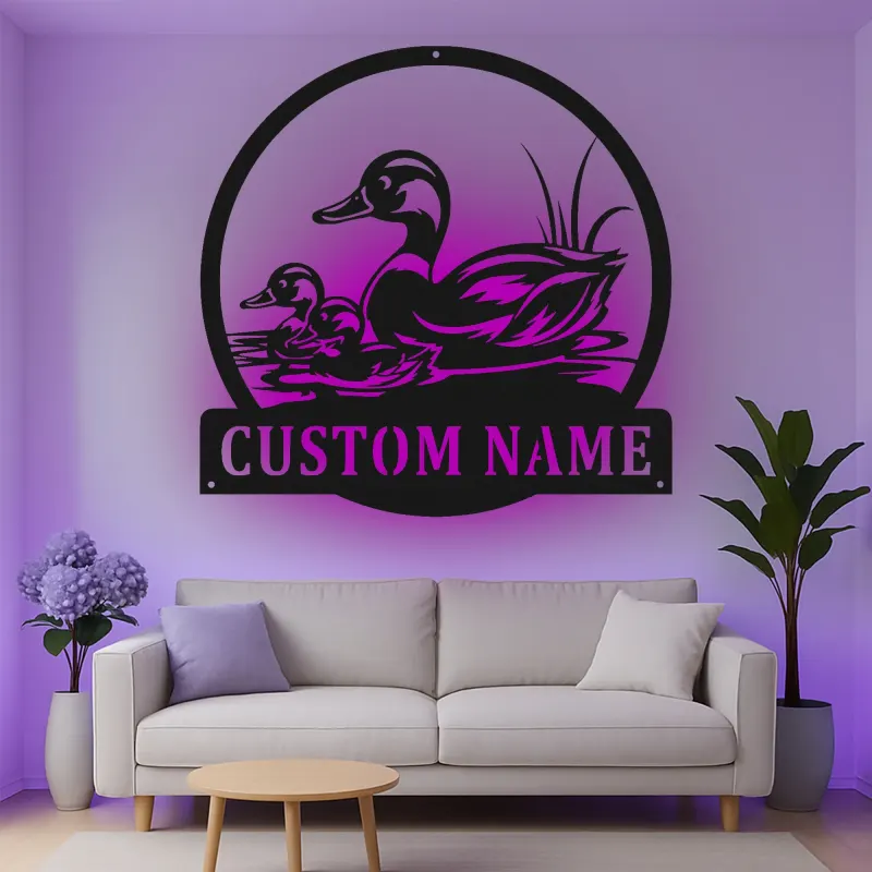 Cartel de metal LED de familia de patos personalizado Regalo para amantes de la naturaleza Decoración de vida silvestre