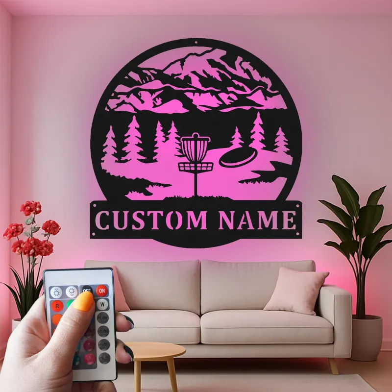 Custom Disc Golf Mountain Scene Led Light Metal Wall Art Personalized Gift for Disc Golfers Outdoor Enthusiast Decor