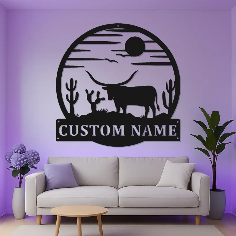 Cartel LED Texas Longhorn | Arte mural de metal para rancho | Decoración rústica occidental para vaqueros