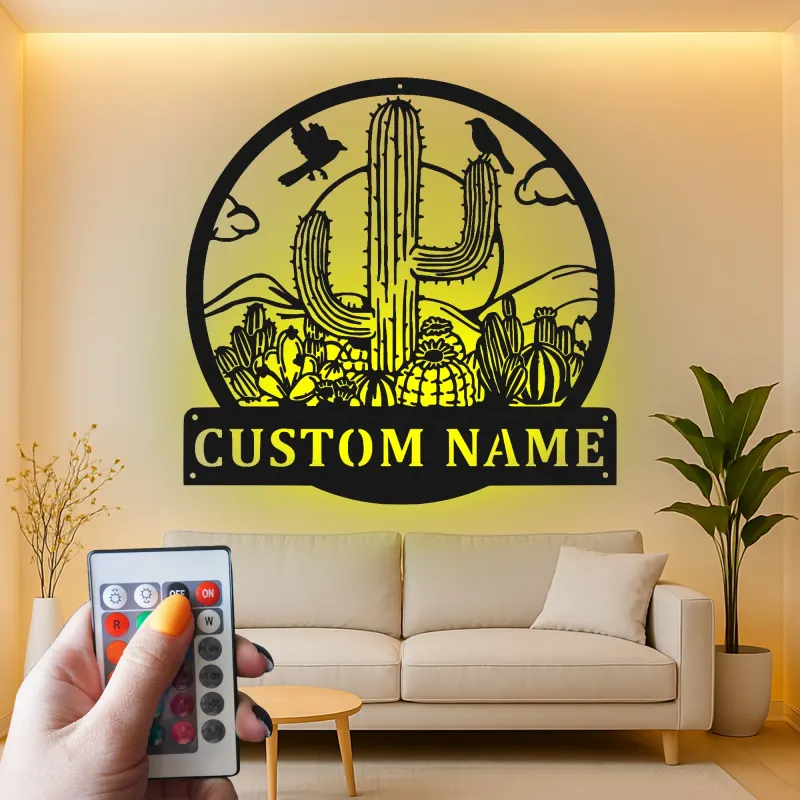 Personalisierte LED-Metall-Wandkunst mit Wüstenkaktus-Szene – Geschenk im Südwesten-Stil für Wohnzimmer oder Terrasse