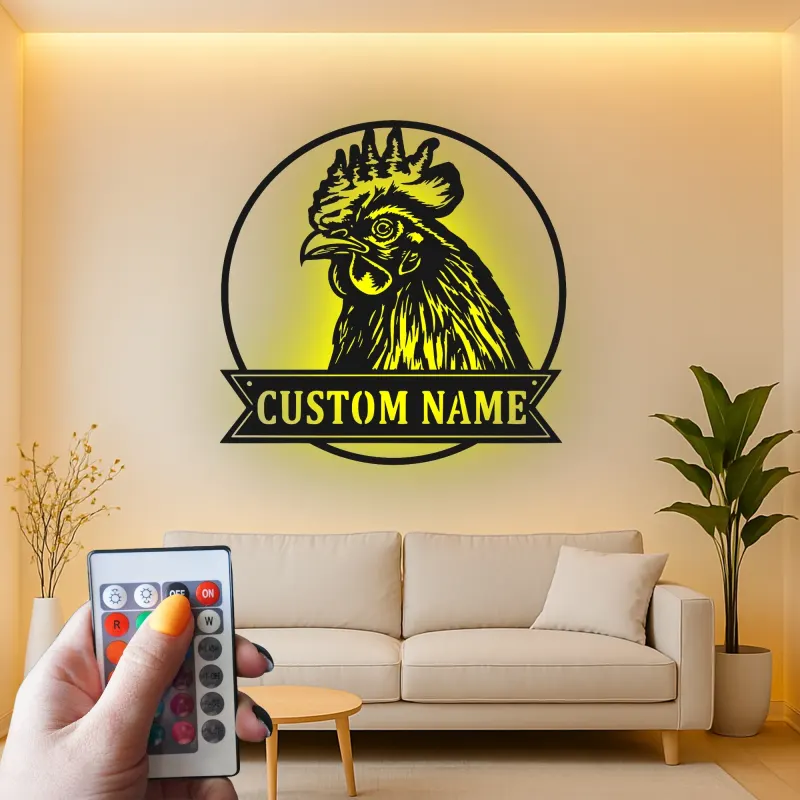 Cartel LED de cabeza de gallo | Arte mural de metal personalizado | Decoración de granja personalizada para agricultores y granjas