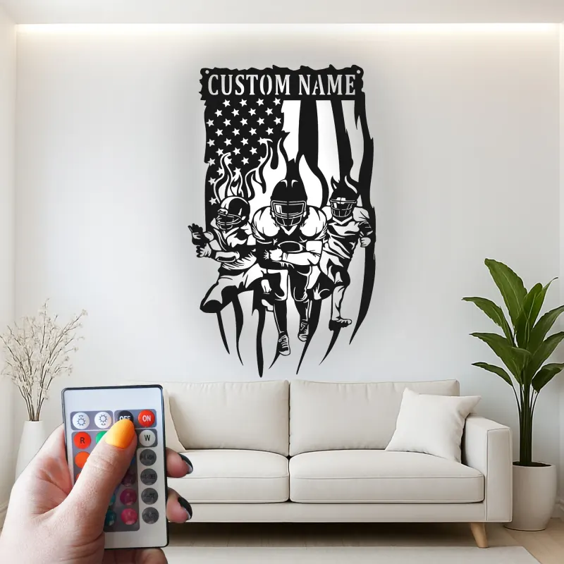 Cartel LED metálico personalizado de fútbol americano | Arte mural con nombre a medida | Decoración para habitación infantil y sala de juegos | Regalo para deportistas con bandera estadounidense