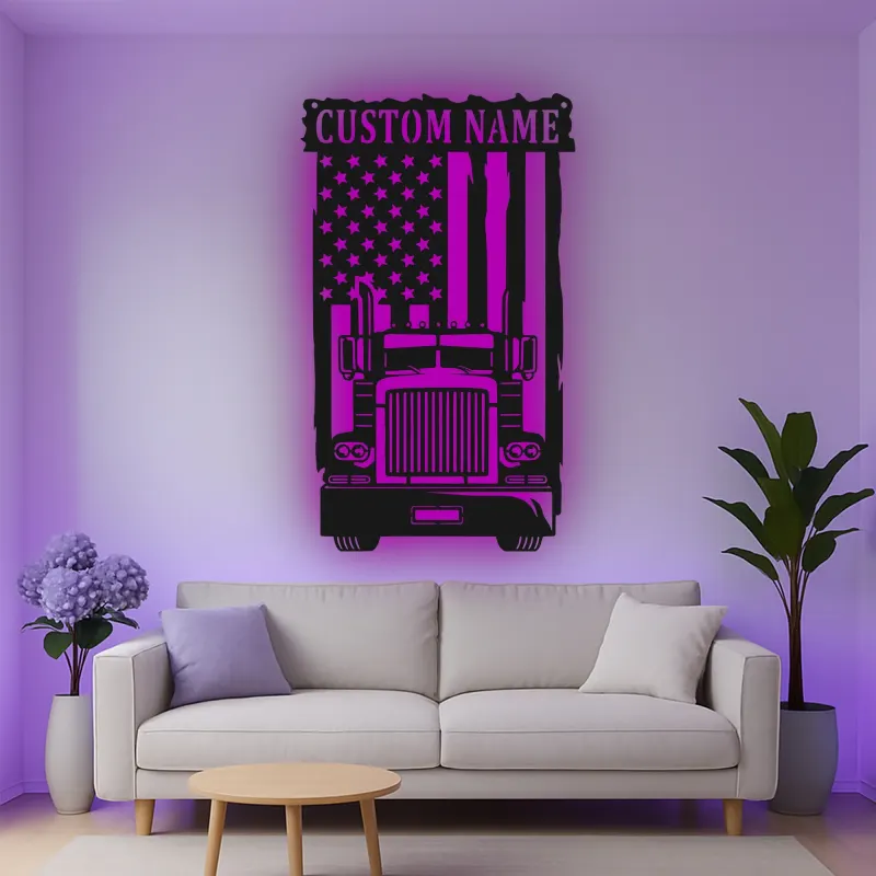 Insegna in metallo personalizzata con camion americano retroilluminato regalo per camionisti decorazione per garage o man cave