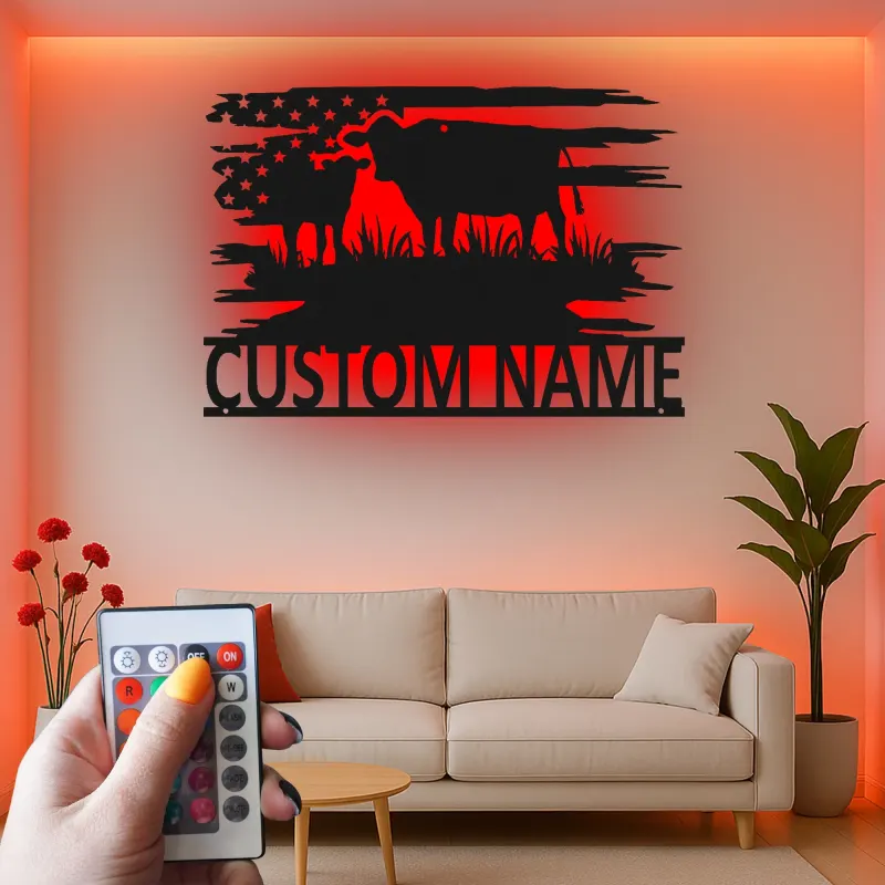 Décoration murale en métal personnalisée avec vache et veau en rétroéclairage - Cadeau pour agriculteurs - Décor de maison de campagne rustique
