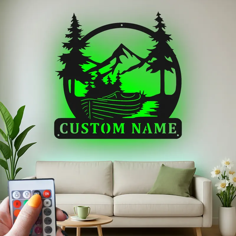 Personalized Mountain Metal Sign | LED Wall Art for Cabin Decor | Rustic Nature Scene for Lodge, Office & Home