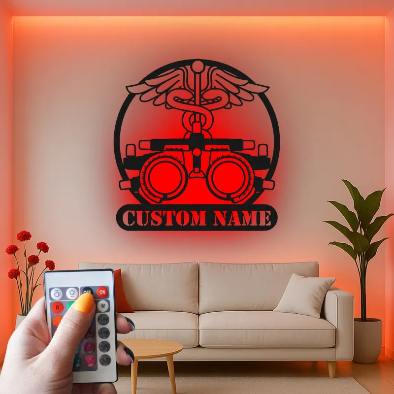 Panneau Optométriste Personnalisé | Décoration murale en métal Phoroptère | Décor de bureau d'ophtalmologiste avec lumière LED | Cadeau logo Caduceus