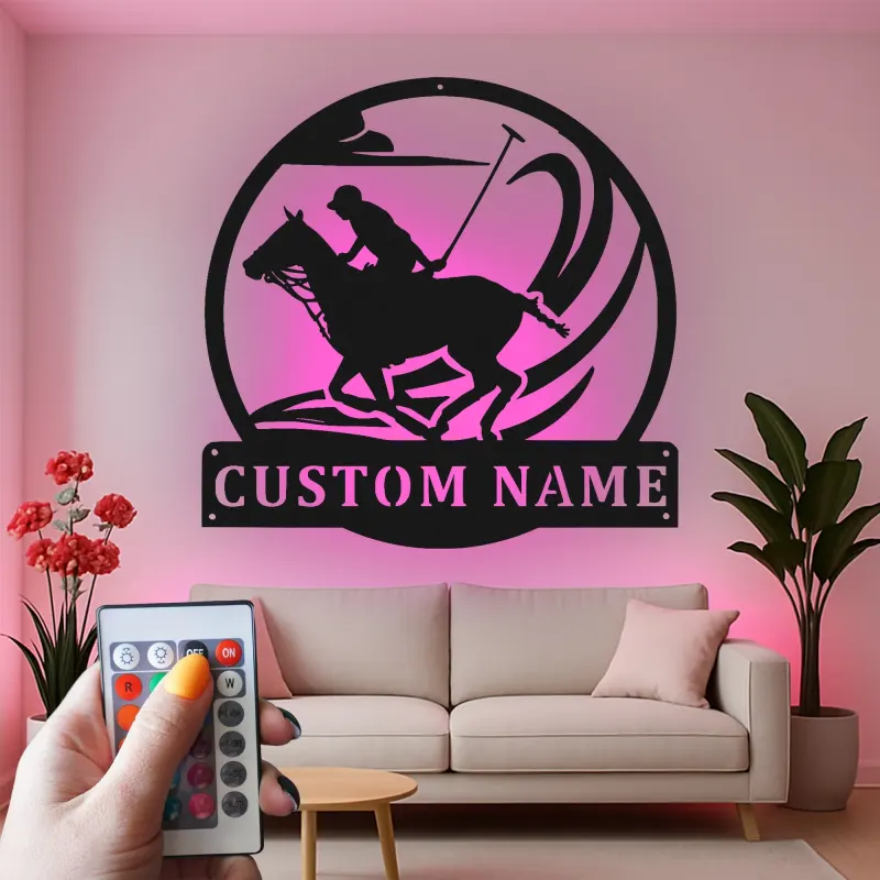Insegna in metallo per giocatore di polo | Insegna LED personalizzata per equitazione | Regalo personalizzato per cavallerizzo | Decorazione per scuderia