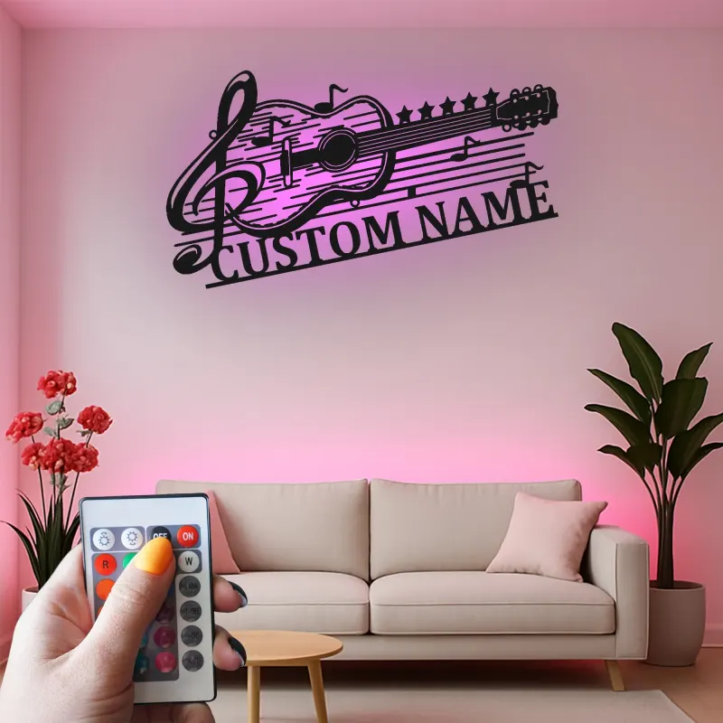 Personalized Guitar Metal Sign with LED | Custom Music Notes Wall Art | Musician Name Plate for Studio Decor