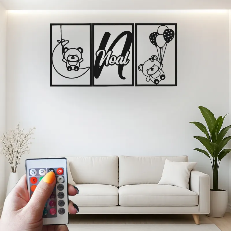 Cartel de nombre de oso de peluche personalizado | Arte mural de metal LED para guardería | Decoración de habitación de bebé personalizada | Regalo de recuerdo para recién nacidos