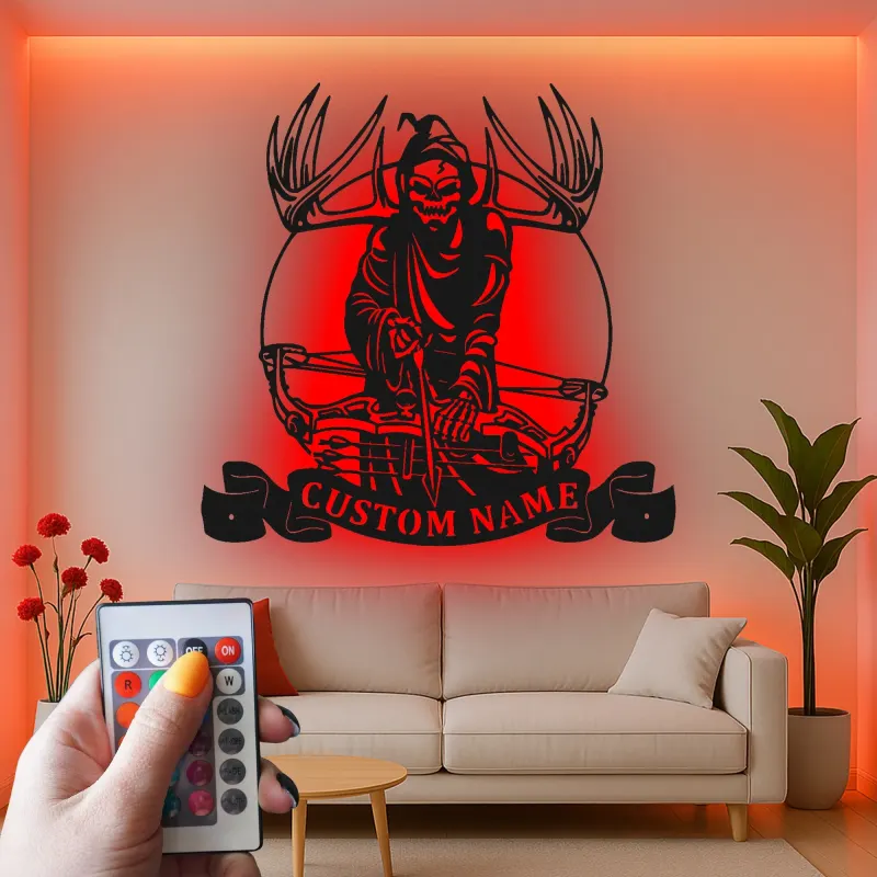 Grim Reaper Bow Hunter LED Sign | Custom Metal Wall Art | Personalized Hunter Gift for Man Cave | Hunting Decor