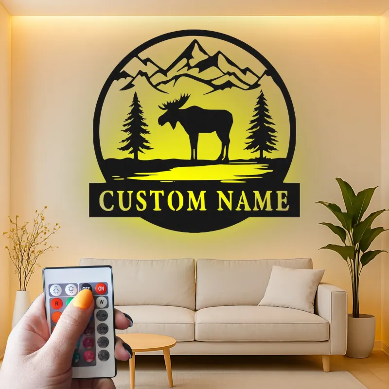 Moose Silhouette LED Metal Wall Art | Custom Name Sign for Cabin | Rustic Mountain Decor Gift