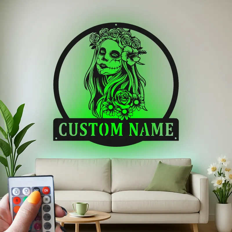 Cartel LED de calavera de azúcar personalizado | Arte mural de metal del Día de los Muertos | Decoración gótica personalizada | Regalo del Día de los Muertos