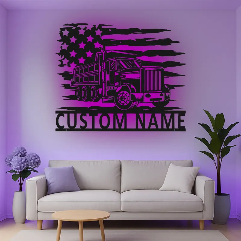 Décoration murale en métal personnalisée avec rétroéclairage LED de camion benne - Cadeau pour passionnés de camions - Décor garage ou man cave