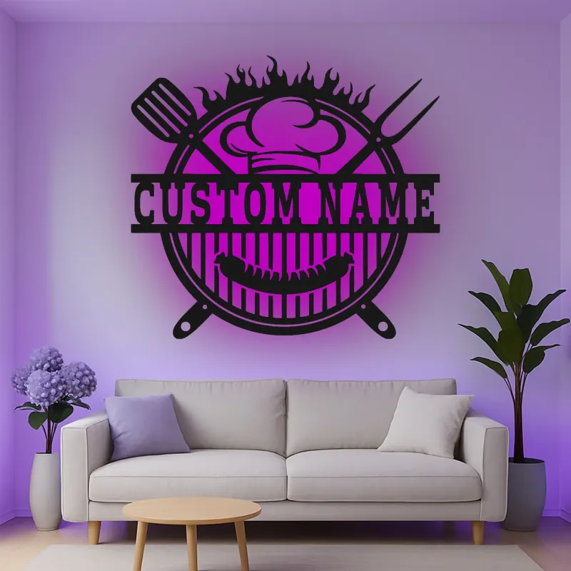 Insegna in metallo personalizzata con BBQ Grill e luce LED regalo personalizzato per maestro della griglia decorazione per cucina all'aperto