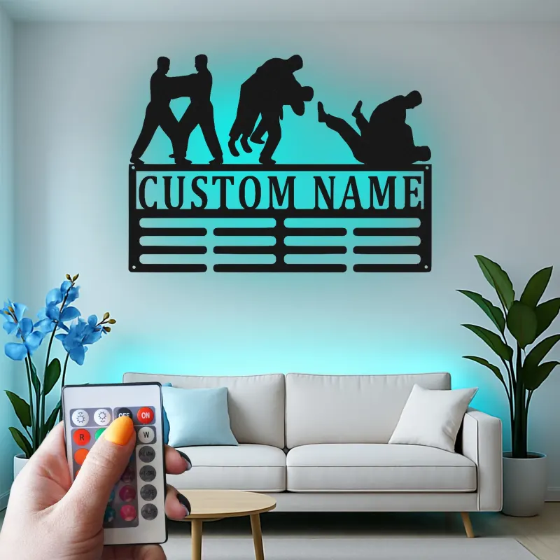 Cartel de metal personalizado de BJJ | Colgador de medallas de artes marciales con LED | Decoración personalizada para gimnasio de jiu-jitsu | Regalo para grappling