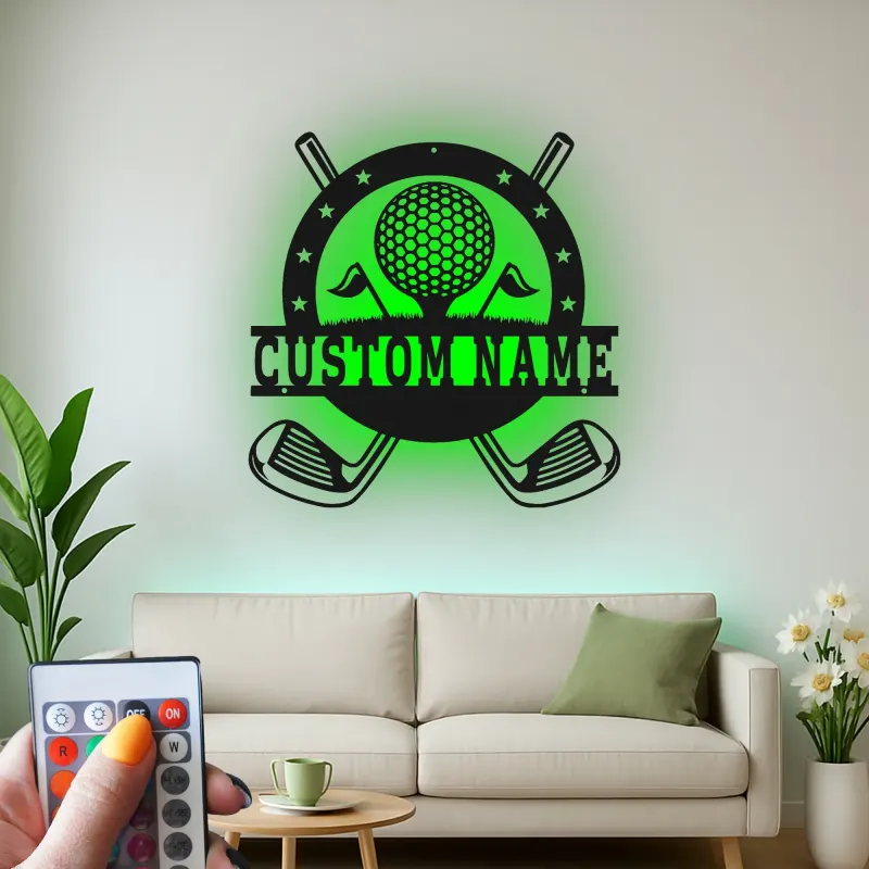 Enseigne prénom de golf personnalisée avec LED | Décoration murale en métal sur mesure | Cadeau golfeur pour lui | Déco man cave et bureau