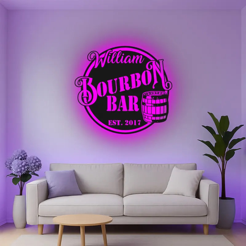Custom Bourbon Bar Led Light Metal Wall Art Personalized Gift for Home Bar Man Cave Decor
