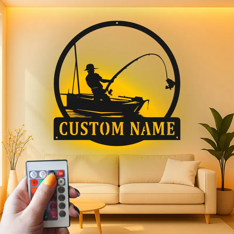 Insegna da pesca personalizzata con LED | Insegna in metallo personalizzata con pescatore | Decorazione per casa al lago e regalo per pescatori